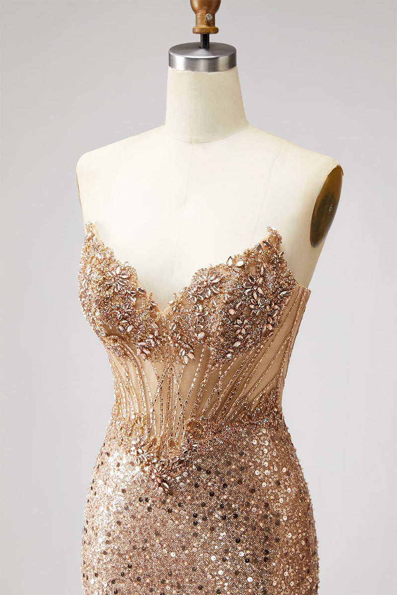 Load image into Gallery viewer, Sparkly Golden Sequin Mermaid Corset Sweetheart Long Prom Dress with Slit