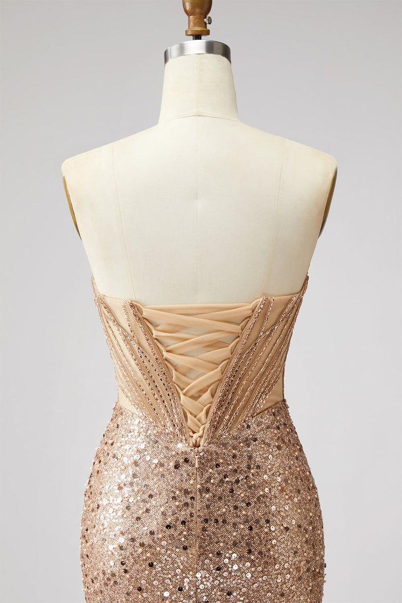 Load image into Gallery viewer, Sparkly Golden Sequin Mermaid Corset Sweetheart Long Prom Dress with Slit