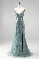 Load image into Gallery viewer, Sparkly Dusty Green Beaded Mermaid Sequins Long Prom Dress with Slit