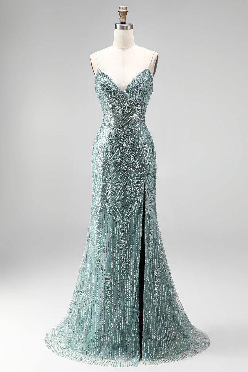 Load image into Gallery viewer, Sparkly Dusty Green Beaded Mermaid Sequins Long Prom Dress with Slit