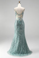 Load image into Gallery viewer, Sparkly Dusty Green Beaded Mermaid Sequins Long Prom Dress with Slit
