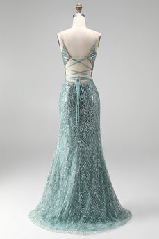 Sparkly Dusty Green Beaded Mermaid Sequins Long Prom Dress with Slit