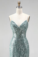 Load image into Gallery viewer, Sparkly Dusty Green Beaded Mermaid Sequins Long Prom Dress with Slit