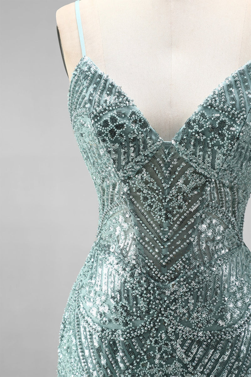 Load image into Gallery viewer, Sparkly Dusty Green Beaded Mermaid Sequins Long Prom Dress with Slit