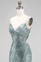 Load image into Gallery viewer, Sparkly Dusty Green Beaded Mermaid Sequins Long Prom Dress with Slit