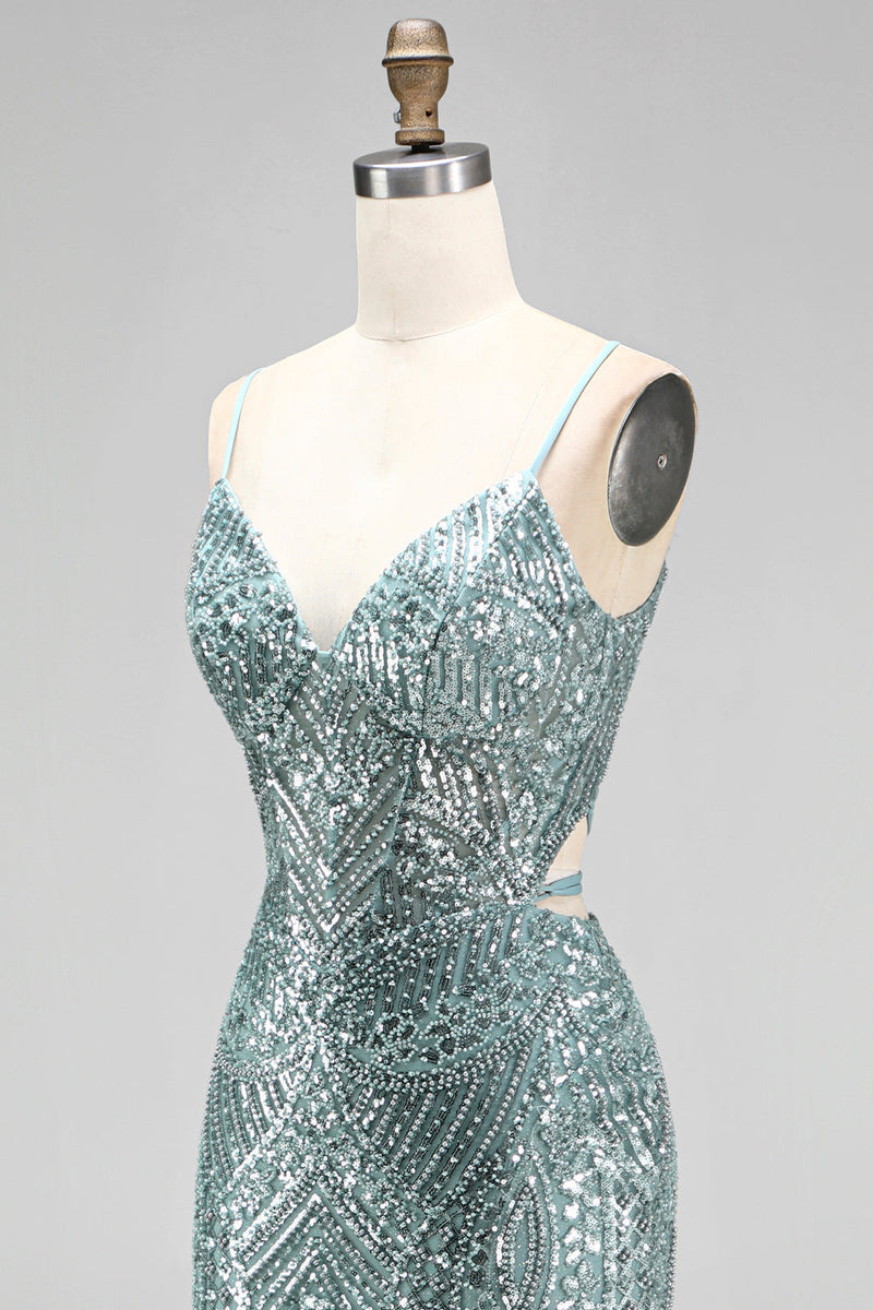 Load image into Gallery viewer, Sparkly Dusty Green Beaded Mermaid Sequins Long Prom Dress with Slit