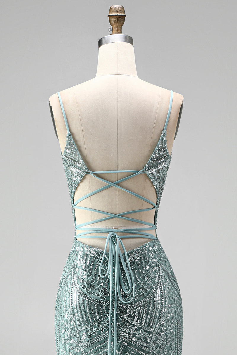 Load image into Gallery viewer, Sparkly Dusty Green Beaded Mermaid Sequins Long Prom Dress with Slit