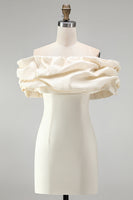 Load image into Gallery viewer, Ivory Bodycon Satin Ruffled Off the Shoulder Short Cocktail Dress