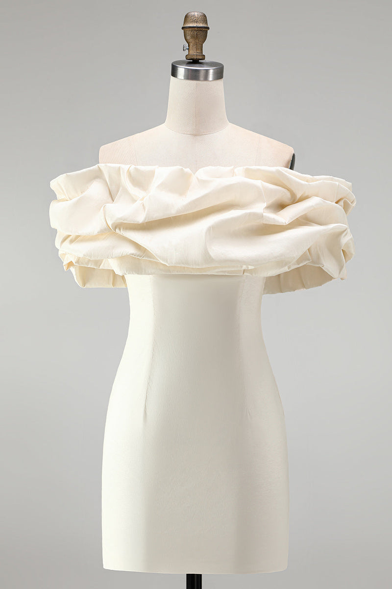 Load image into Gallery viewer, Ivory Bodycon Satin Ruffled Off the Shoulder Short Cocktail Dress