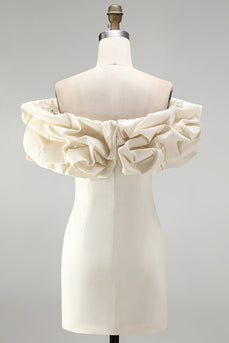 Ivory Bodycon Satin Ruffled Off the Shoulder Short Cocktail Dress