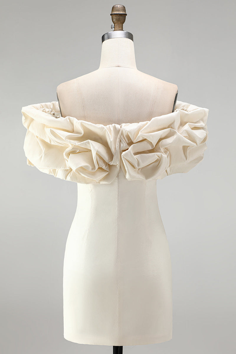 Load image into Gallery viewer, Ivory Bodycon Satin Ruffled Off the Shoulder Short Cocktail Dress