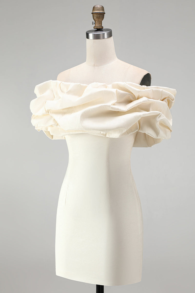 Load image into Gallery viewer, Ivory Bodycon Satin Ruffled Off the Shoulder Short Cocktail Dress