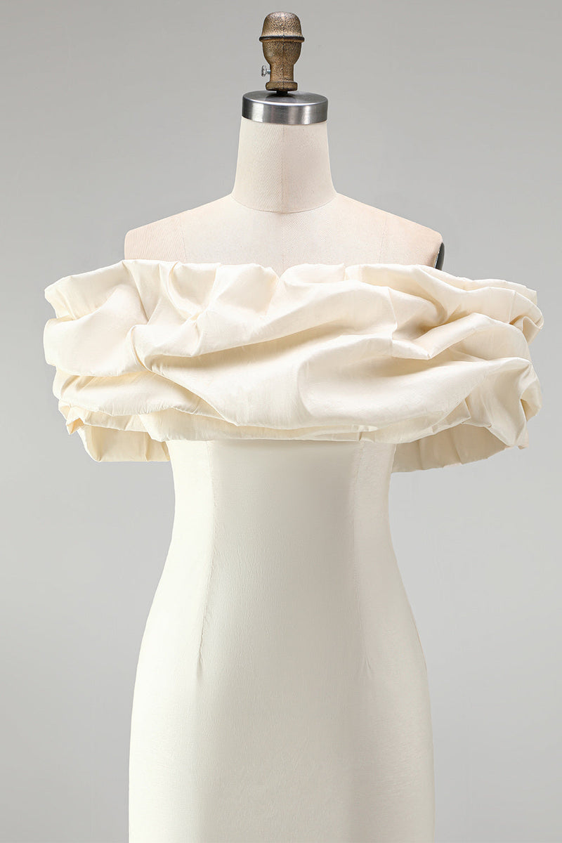 Load image into Gallery viewer, Ivory Bodycon Satin Ruffled Off the Shoulder Short Cocktail Dress