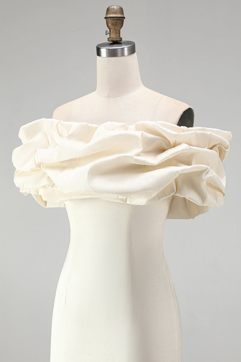 Load image into Gallery viewer, Ivory Bodycon Satin Ruffled Off the Shoulder Short Cocktail Dress