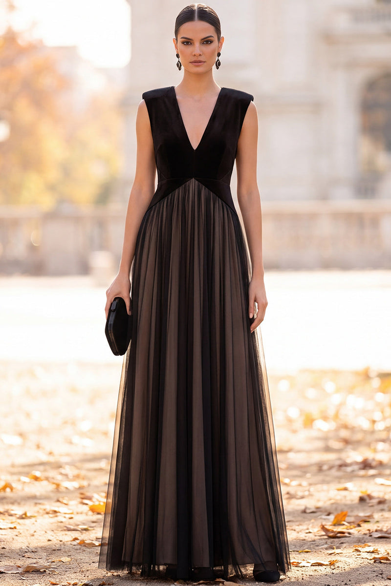 Load image into Gallery viewer, Simple Black A-Line Velvet V-Neck Tulle Long Formal Dress