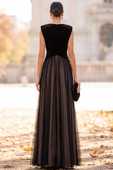 Simple Black A-Line Velvet V-Neck Tulle Long Formal Dress