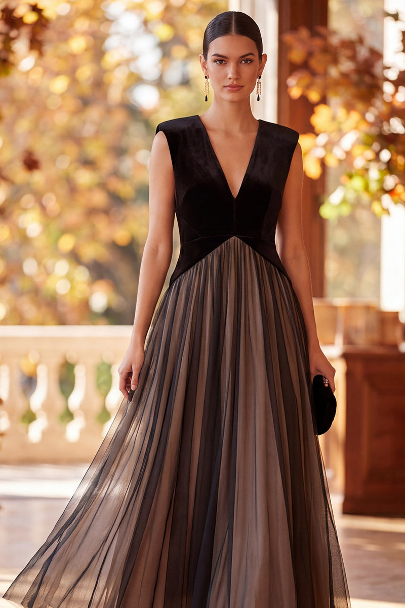 Load image into Gallery viewer, Simple Black A-Line Velvet V-Neck Tulle Long Formal Dress