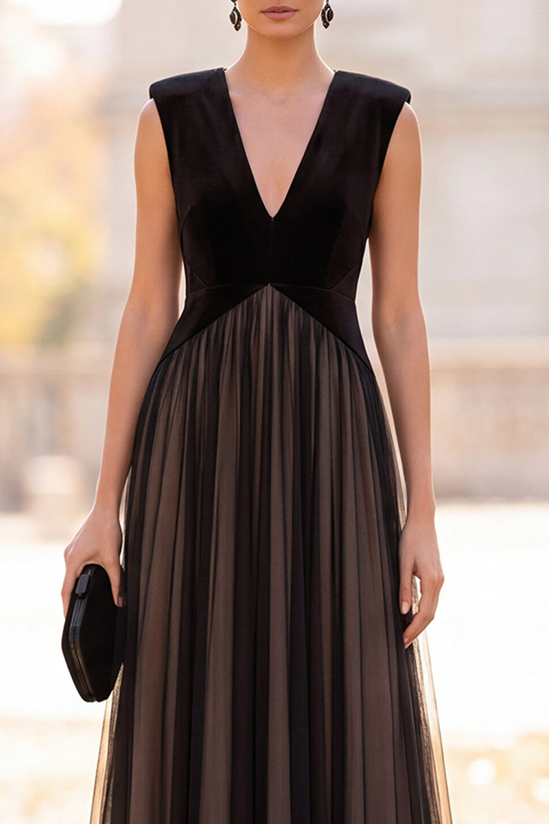 Load image into Gallery viewer, Simple Black A-Line Velvet V-Neck Tulle Long Formal Dress