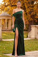 Load image into Gallery viewer, Sparkly Dark Green Aaymmetrical Shoulder Velvet Long Formal Dress with Slit