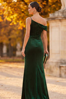 Load image into Gallery viewer, Sparkly Dark Green Aaymmetrical Shoulder Velvet Long Formal Dress with Slit