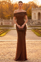 Load image into Gallery viewer, Sparkly Coffee Beaded Ruffled Off the Shoulder Mermaid Long Formal Dress