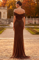 Load image into Gallery viewer, Sparkly Coffee Beaded Ruffled Off the Shoulder Mermaid Long Formal Dress