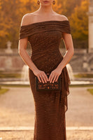 Load image into Gallery viewer, Sparkly Coffee Beaded Ruffled Off the Shoulder Mermaid Long Formal Dress