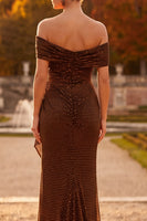 Load image into Gallery viewer, Sparkly Coffee Beaded Ruffled Off the Shoulder Mermaid Long Formal Dress
