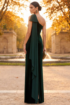 Dark Green Ruched One Shoulder Sheath Long Velvet Formal Dress with Cape