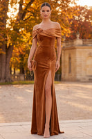 Load image into Gallery viewer, Brown Off the Shoulder Mermaid Long Velvet Formal  Dress with 3D Flower