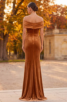 Load image into Gallery viewer, Brown Off the Shoulder Mermaid Long Velvet Formal  Dress with 3D Flower