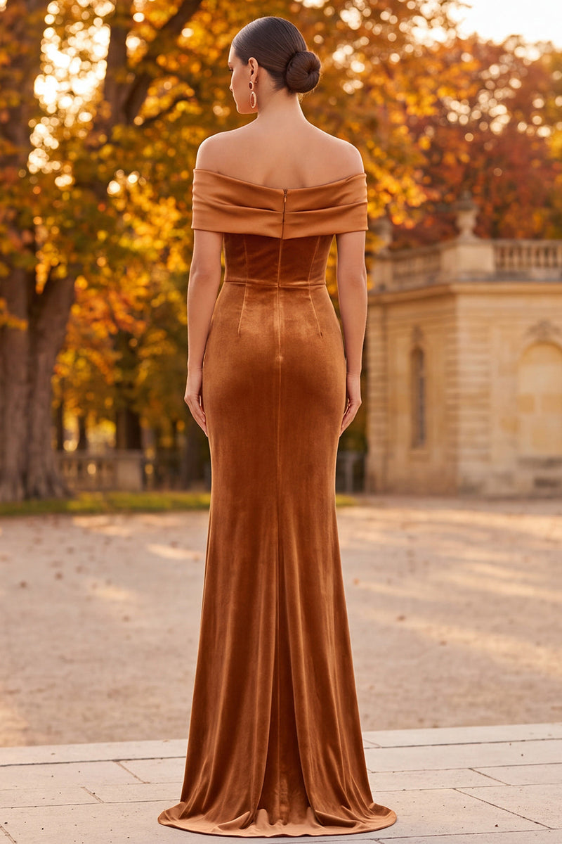 Load image into Gallery viewer, Brown Off the Shoulder Mermaid Long Velvet Formal  Dress with 3D Flower