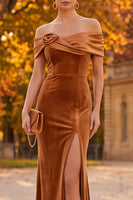 Load image into Gallery viewer, Brown Off the Shoulder Mermaid Long Velvet Formal  Dress with 3D Flower