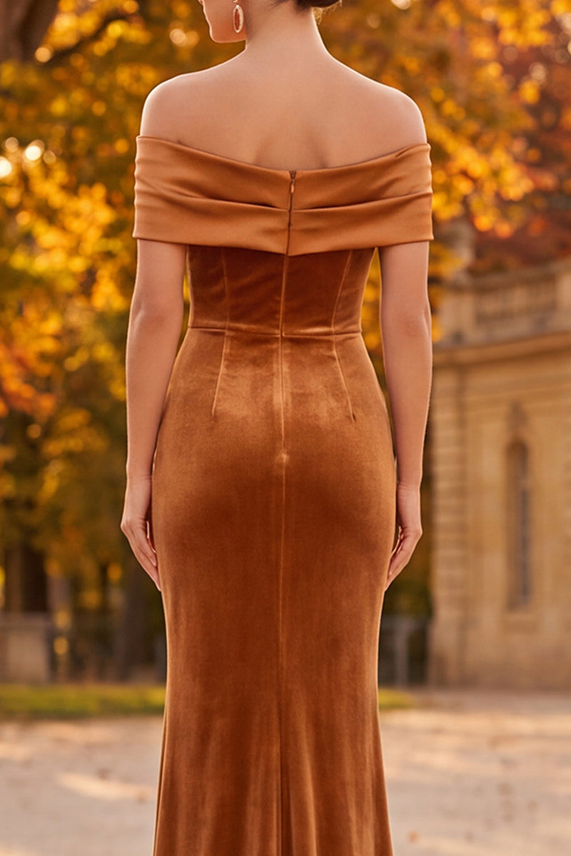 Load image into Gallery viewer, Brown Off the Shoulder Mermaid Long Velvet Formal  Dress with 3D Flower
