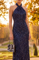 Load image into Gallery viewer, Sparkly Fringed Navy Halter Sheath Long Sequin Formal Dress