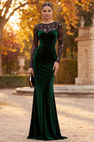 Load image into Gallery viewer, Dark Green Mermaid Velvet Round Neck Long Sleeves Formal Dress with Lace