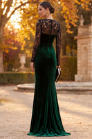 Load image into Gallery viewer, Dark Green Mermaid Velvet Round Neck Long Sleeves Formal Dress with Lace