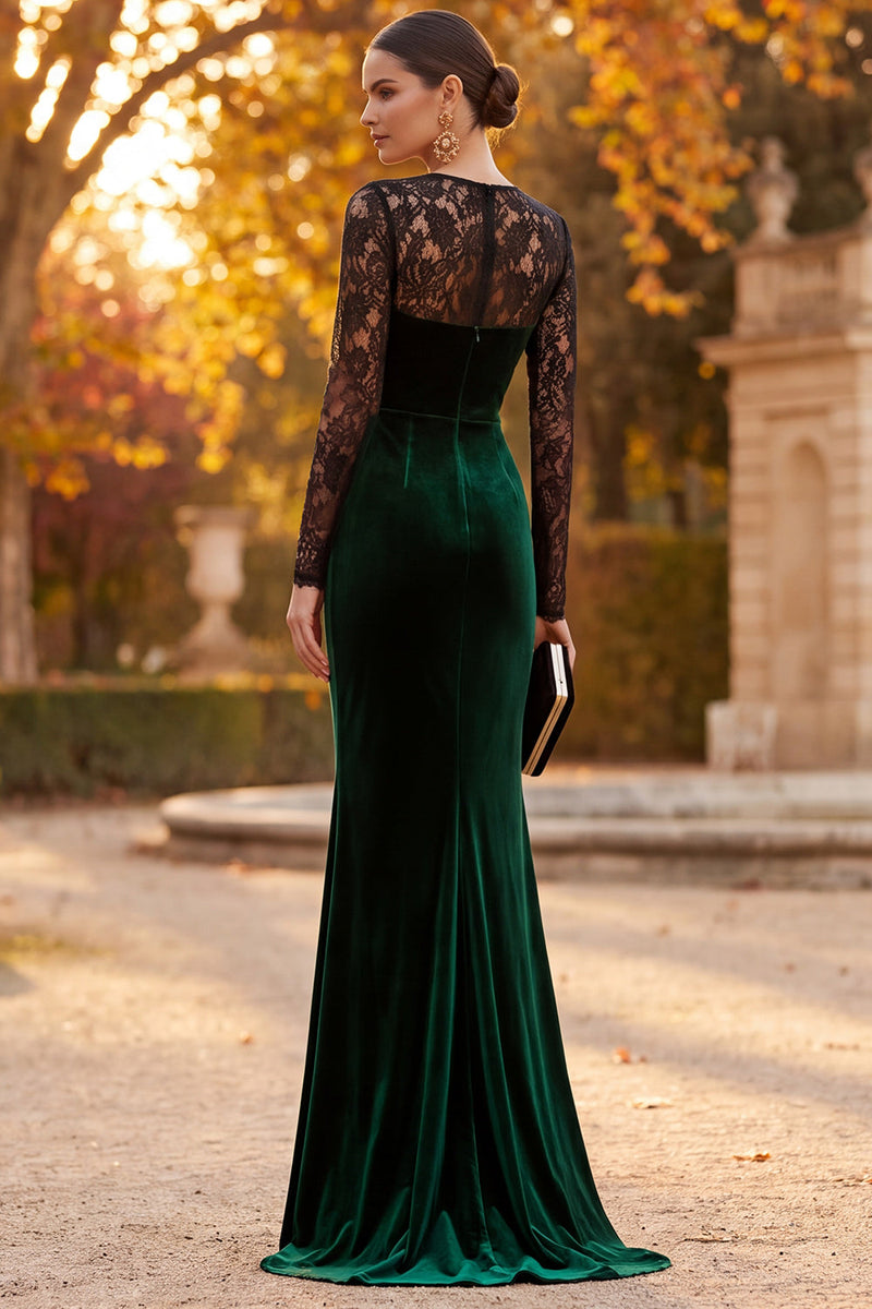 Load image into Gallery viewer, Dark Green Mermaid Velvet Round Neck Long Sleeves Formal Dress with Lace