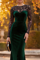Load image into Gallery viewer, Dark Green Mermaid Velvet Round Neck Long Sleeves Formal Dress with Lace
