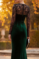 Load image into Gallery viewer, Dark Green Mermaid Velvet Round Neck Long Sleeves Formal Dress with Lace