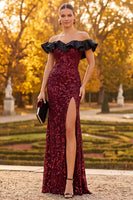 Load image into Gallery viewer, Sparkly Burgundy Floral Mermaid Sequin Ruffled Long Formal Dress with Slit