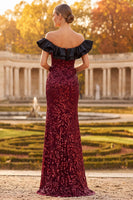 Load image into Gallery viewer, Sparkly Burgundy Floral Mermaid Sequin Ruffled Long Formal Dress with Slit