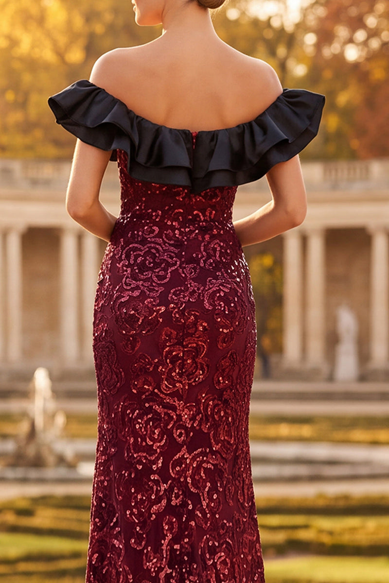 Load image into Gallery viewer, Sparkly Burgundy Floral Mermaid Sequin Ruffled Long Formal Dress with Slit