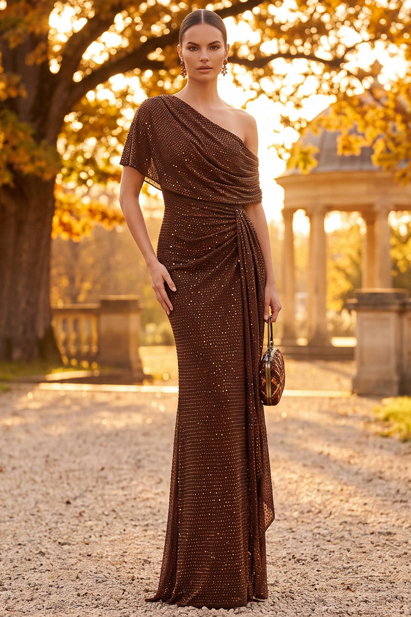 Load image into Gallery viewer, Sparkly Coffee Mermaid Beaded One Shoulder Long Formal Dress with Sash