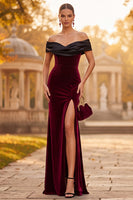 Load image into Gallery viewer, Simple Burgundy Black Pactchwork Velvet Long Formal Dress with Slit