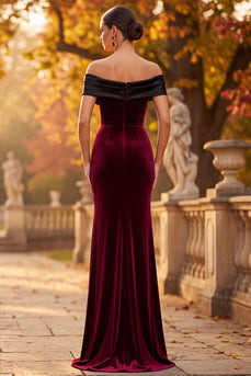 Simple Burgundy Black Pactchwork Velvet Long Formal Dress with Slit
