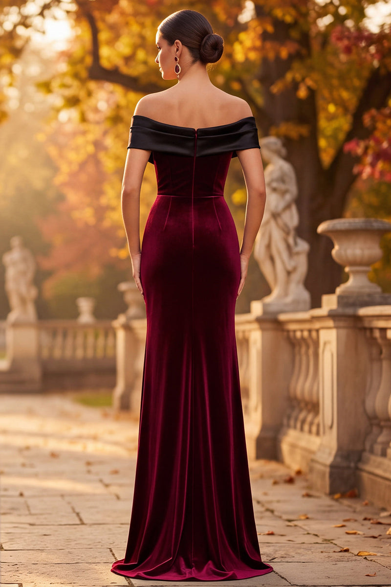 Load image into Gallery viewer, Simple Burgundy Black Pactchwork Velvet Long Formal Dress with Slit