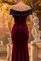 Load image into Gallery viewer, Simple Burgundy Black Pactchwork Velvet Long Formal Dress with Slit