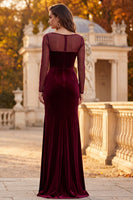 Load image into Gallery viewer, Burgundy Velvet Mermaid Long Sleeves Formal Dress with Slit