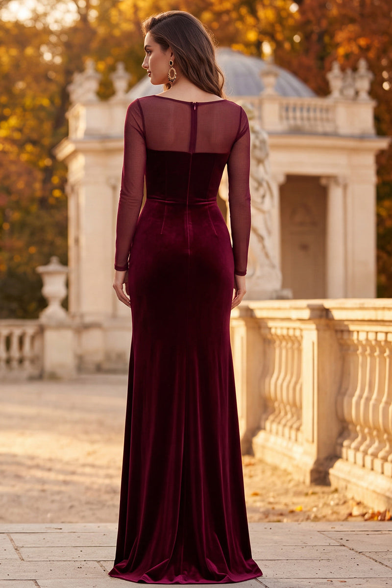 Load image into Gallery viewer, Burgundy Velvet Mermaid Long Sleeves Formal Dress with Slit